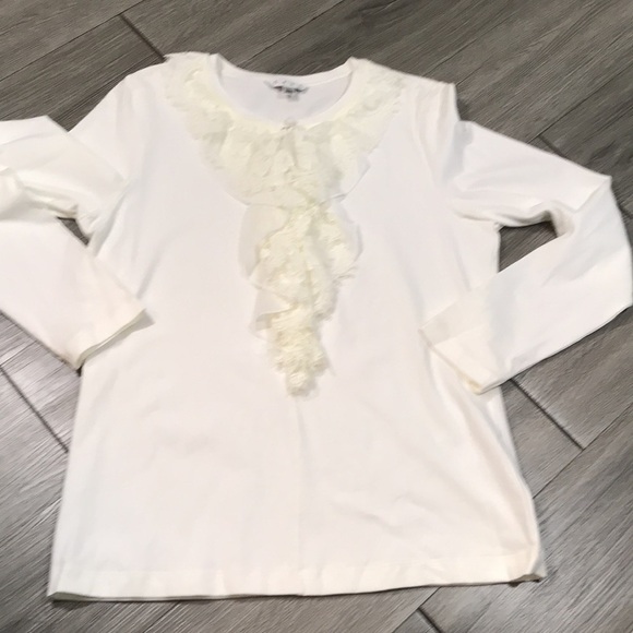 CAbi Off White Lace Ruffle Front Long Sleeve Stretch Knit T-Shirt size L - Picture 6 of 8